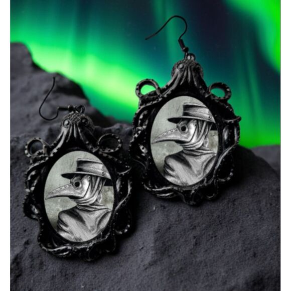 Plague Doctor Earrings Gothic Oversized Punk Jewelry Black Statement Finery - Picture 3 of 3